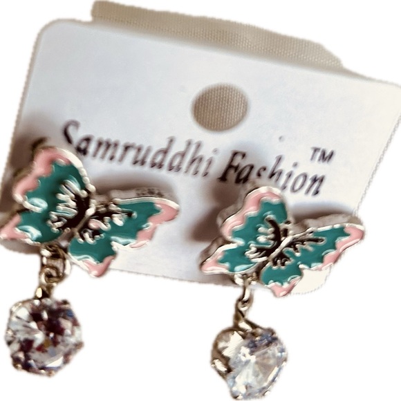 Pink & Green Butterfly Enamel Rhinestone Crystal Fashion Drop Dangle Earrings - Picture 3 of 3